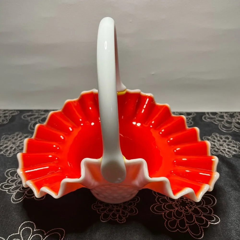 Vintage Fenton Hobnail Basket Ruby Red Overlay with White Handle & Ruffled Edge